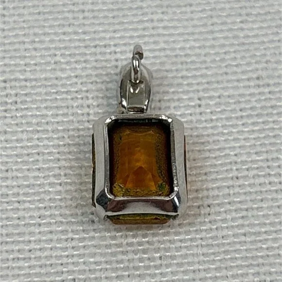 Silver Tone Pendant Emerald Cut Amber Color Gemstone Small Clear Accent Stone - Picture 4 of 4